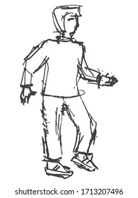 Walking young guy. Hand drawn, vector, sketch image on white. Motives of people, person, everyday life