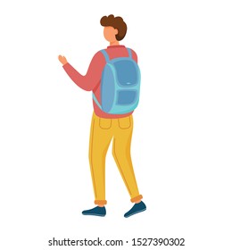 Walking young man with backpack flat vector illustration. Student traveler. Holiday trip. Full body caucasian guy in casual clothes with bag isolated cartoon character on white background