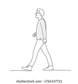 Walking young man with glasses. Line drawing vector illustration.