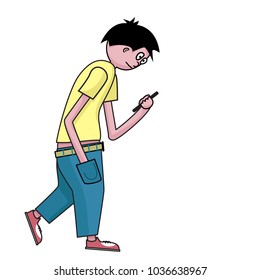 Walking Young man with mobile phone on white background. Vector cartoon character