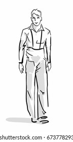 walking young man in a shirt and pants on suspenders black and white vector sketch, simple drawing, front view