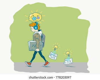 Walking young man thinking under the process of creating the project