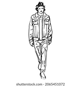 Walking young man wearing pants and denim jacket. Hand drawn linear doodle rough sketch. Black silhouette on white background.
