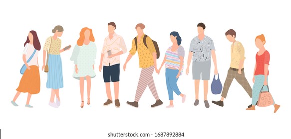 Walking young people. Men and women in colorful clothes in different poses stand and go about their business. Vector illustration