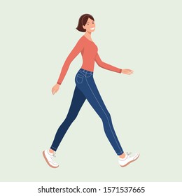 Walking young woman, person in a sweater, jeans, sneakers on grey background. Beautiful sports girl. Female character in full hight. Active lifestyle concept. Flat cartoon style in pastel colors. 
