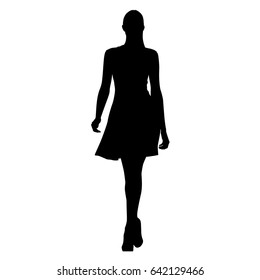 Walking young woman in summer dress, isolated vector silhouette