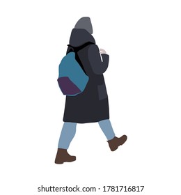 Walking young woman in winter clothes. Girl in a hurry with a backpack. Person staffage on the street