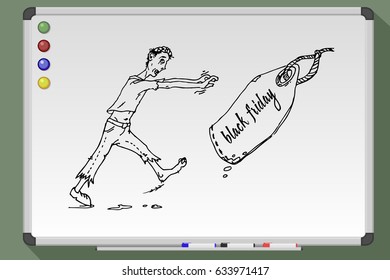 Walking zombie follow label tag with sign Black friday. Hand drawn vector illustration