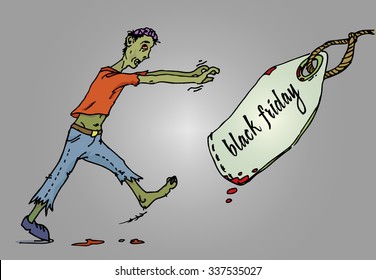 Walking zombie runs for price tags with Black friday sign. Vector illustration