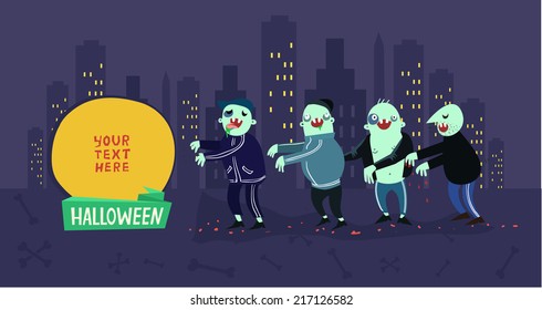 Walking zombies crowd on night city background and space for text. Vector colorful illustration