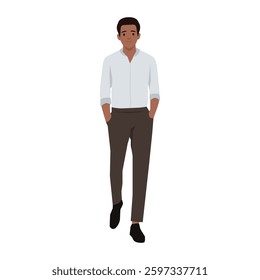 walks confidently with his hands in his pockets, exuding a relaxed and professional vibe. Flat vector illustration isolated on white background