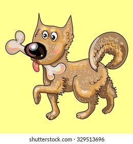 walks a cute little dog, cartoon with a bone in his mouth