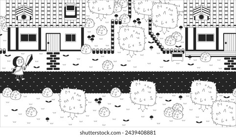 Walkthrough adventure game black and white line illustration. Gaming hobby. Little warrior with sword 2D character monochrome background. Videogame fantasy world outline scene vector image