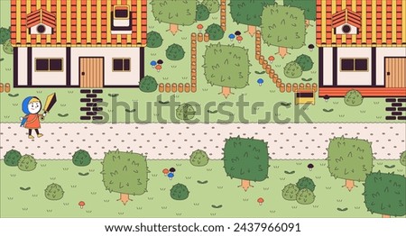 Walkthrough adventure game cartoon flat illustration. Gaming hobby. Little warrior with sword 2D line character colorful background. Videogame fantasy world scene vector storytelling image