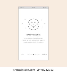 Walkthrough App Screen with decorative emoji and texts. Vector mobile wireframe editable design for mobile, with sample data and real user interface graphic details ready for ux ui projects.