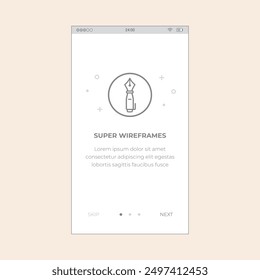 Walkthrough App Screen with decorative illustration and texts. Vector mobile wireframe editable design for mobile, with sample data and real user interface graphic details ready for ux ui projects.