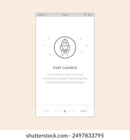 Walkthrough App Screen with decorative illustration and texts. Vector mobile wireframe editable design for mobile, with sample data and real user interface graphic details ready for ux ui projects.