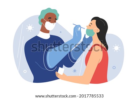 Walk-thru PCR-test for covid in korean testing booth facility, medical worker collecting specimen with nasal swab through shield screen wearing protective gloves, vector cartoon illustration