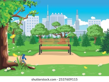 Walkway in a city park with large trees against the backdrop of skyscrapers. Urban landscape in cartoon style. Vector illustration.