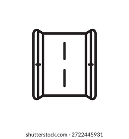 Ícone da passarela com uma perspectiva de cima para baixo de uma via designada com uma linha central tracejada e trilhos protetores de borda sólidos, simbolizando caminhos de trânsito seguros para pedestres e tráfego de instalações.