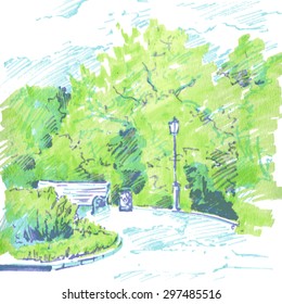 walkway of park with flower beds, a lantern and bench, spring foliage, hand drawn sketch of urban landscape, vector illustration