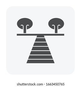 Walkway and tree icon. That is floor, passage, path, footpath or passageway for walking along and connecting different section of a building, park or garden. Made from concrete pavement, brick, stone.