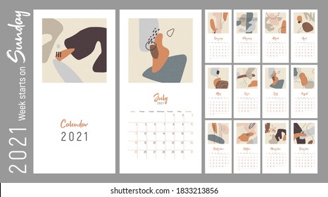 Wall сalendar 2021. Week starts on Sunday. Monthly Wall Calendar 2021. Editable calender page template with ruled blocks allocated for each day. Abstract trendy vector illustrations. Minimalism style.