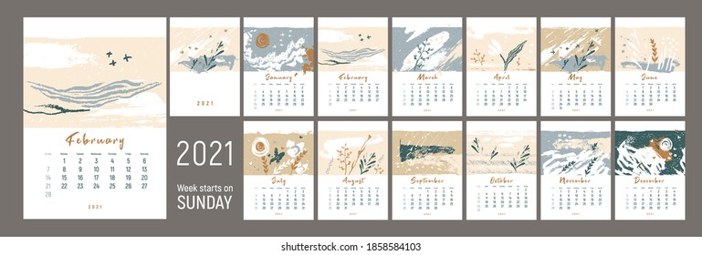 Wall сalendar 2021design. Week starts on Sunday. Nature colors. Theme of  ecology. Monthly calender 2021. 12 months. Editable calendar page template. Vertical. Abstract artistic vector illustration. 