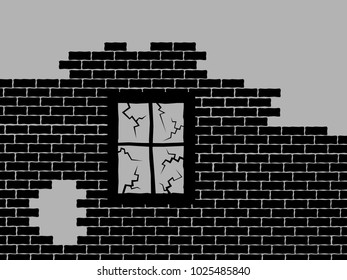 Wall of abandoned and derelect house and. Ruin is made of bricks and window. House is destructed and wrecked. Vector illustration.