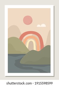 Arte abstracto mural con arco iris y paisaje. Patrones de arcoiris abstractos y formas para collages, afiches, cubiertas, perfectas para la decoración de las paredes. Vector.