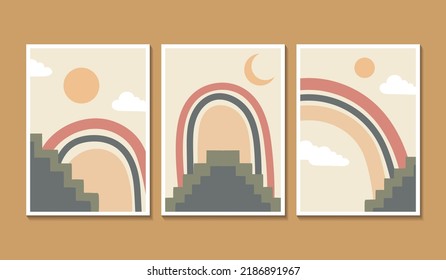 Wall abstract art with rainbow and landscape
