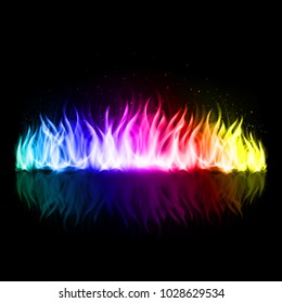 Wall of Abstract Rainbow Fire with Weak Reflection on Black Background