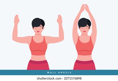 WALL ANGELS exercise.Women doing neck fitness exercises.