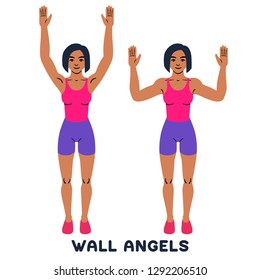 Wall angels. Sport exersice. Silhouettes of woman doing exercise. Workout, training Vector illustration