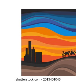 Wandkunst Abstrakte Wüstenwanderungen und Kamele abends von der Stadt weg