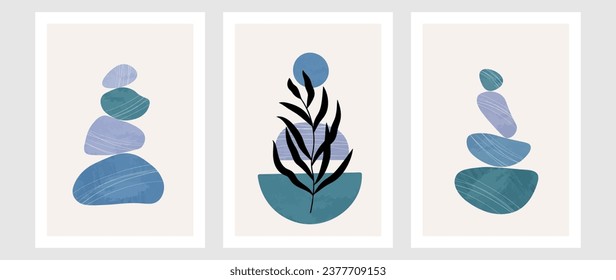 Wall art abstract vector design set. Collection of blue stones, watercolor brush, tropical leaves, organic shape. Design for wallpaper, wall decor, postcard, poster, cover, print.	