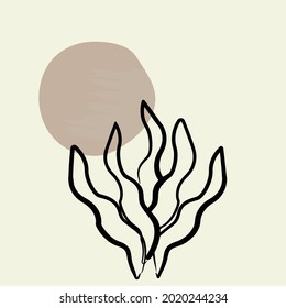 Ilustración vectorial abstracta de arte mural. Dibujo de línea floral y follaje.  Resumen Diseño de arte vegetal para la impresión, cubierta, papel pintado, arte de pared mínimo y natural. Forma abstracta.