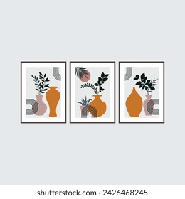 Wall art. Artistic prints ideal for a bohemian-inspired interior. Enhance your home decor with wall prints featuring terracotta hues, depicting sun motifs and clay vessels. Set of 3