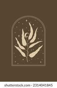 Wall art boho poster with beige leaf and stars. Brown silhouette of plant.