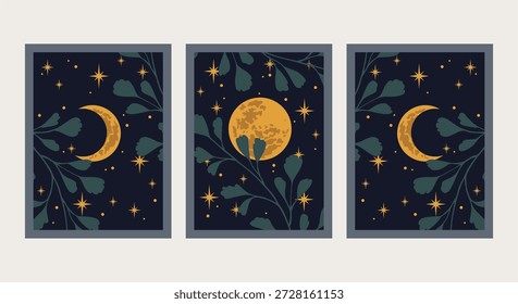 Wall art boho set. Set of alchemy magic posters with moon and stars