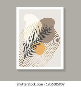Wall art with botanical tropic feel. Abstract free shapes picture in warm and golden colors and dark leaf. Best for prints, covers and trendy designs. Vector illustration.