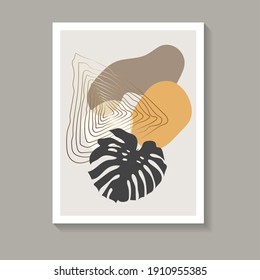 Wall art with botanical tropic feel. Abstract free shapes picture in warm and golden colors and dark leaf. Best for prints, covers and trendy designs. Vector illustration.