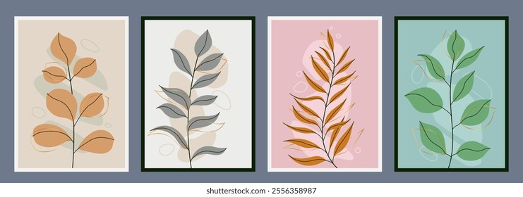Wall Art Cards With Colorful Organic Shapes and Floral Silhouettes of Branches. Trendy poster collection perfect for print, home decor, covers, wallpaper