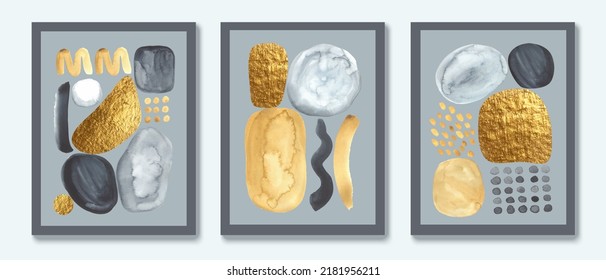 Composición del collage de arte mural.  Diseño con formas geométricas, trazos, puntos, rizos. Beige, gris, blanco, dorado.