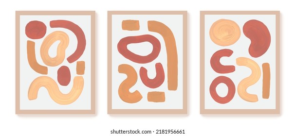 Wall art collage composition.  Design with geometric forms, strokes, circles, curls. Beige, brown, white, earthy colors.