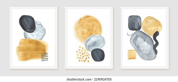 Wall art collage composition.  Design with geometric forms, strokes, circles. Beige, grey, white, golden colors.