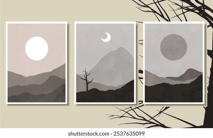 Wandkunst Sammlung Vektor abstrakte Kreis-, Dreieck-und quadratische Linien Kunst. Trendy Bauhaus Muster Hintergründe op-Art-Set