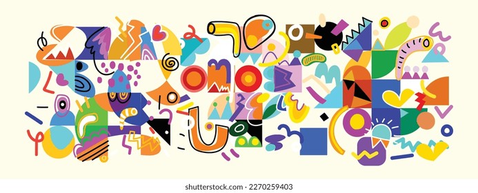 Wall art colorful abstract background. Design doodles, shapes, line modern vector hand drawn illustration.