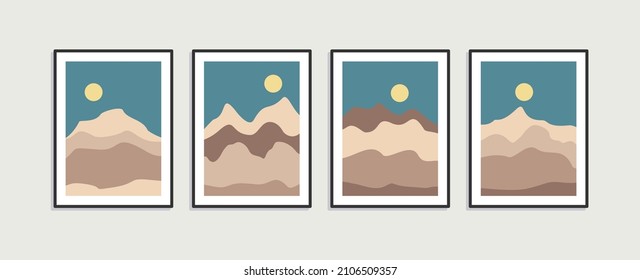 Wall art creative design. Set of minimalist hand painted illustrations of Mid century modern. Natural abstract landscape background. Mountain, forest, sky, and sun illustration.