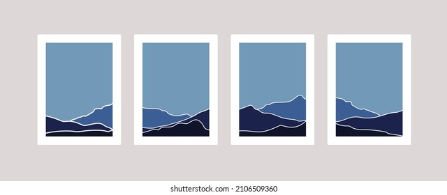 Diseño creativo de arte mural. Conjunto de ilustraciones minimalistas pintadas a mano de la modernidad de mediados de siglo. El paisaje natural abstracto. Montaña, bosque, cielo e ilustración solar.